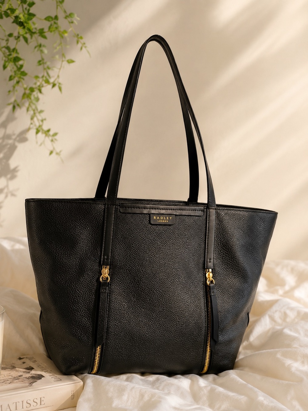 RADLEY LONDON Black Pebbled Leather Tote with Gold Hardware